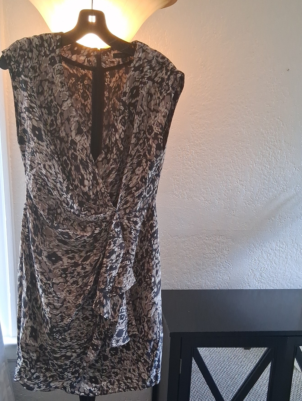Rachel Zoe Black and Cream Floral Wrap-Front Cap-Sleeve Dress